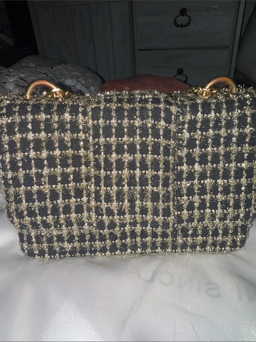 Black and Gold Tweed Shoulder Bag with Chain Accents
